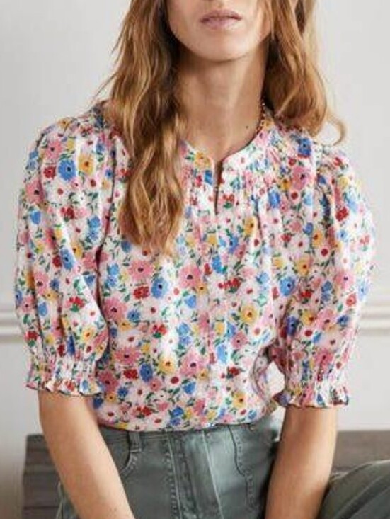 Boden Tops - Boden Linen Floral Smocked Blouse Puff Short Sleeve Top Multicolor Size 10